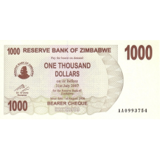 P44 Zimbabwe - 1000 Dollars Year 2006/2007 (Bearer Cheque)